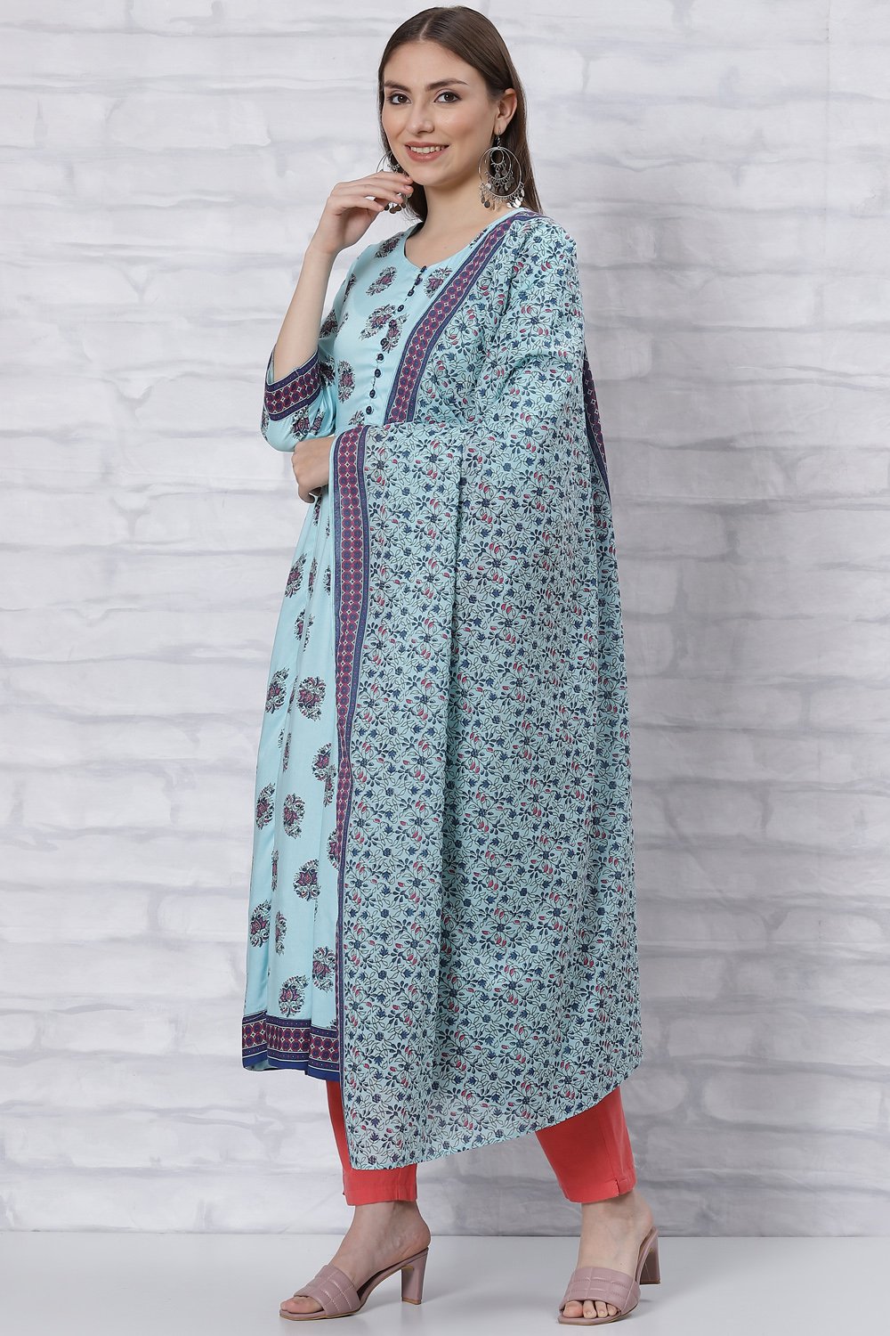 Sky Blue Kalidar Printed Suit Set image number 3